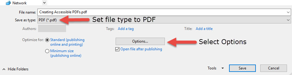 Showing how to set Accessibility options in Word to PDF 