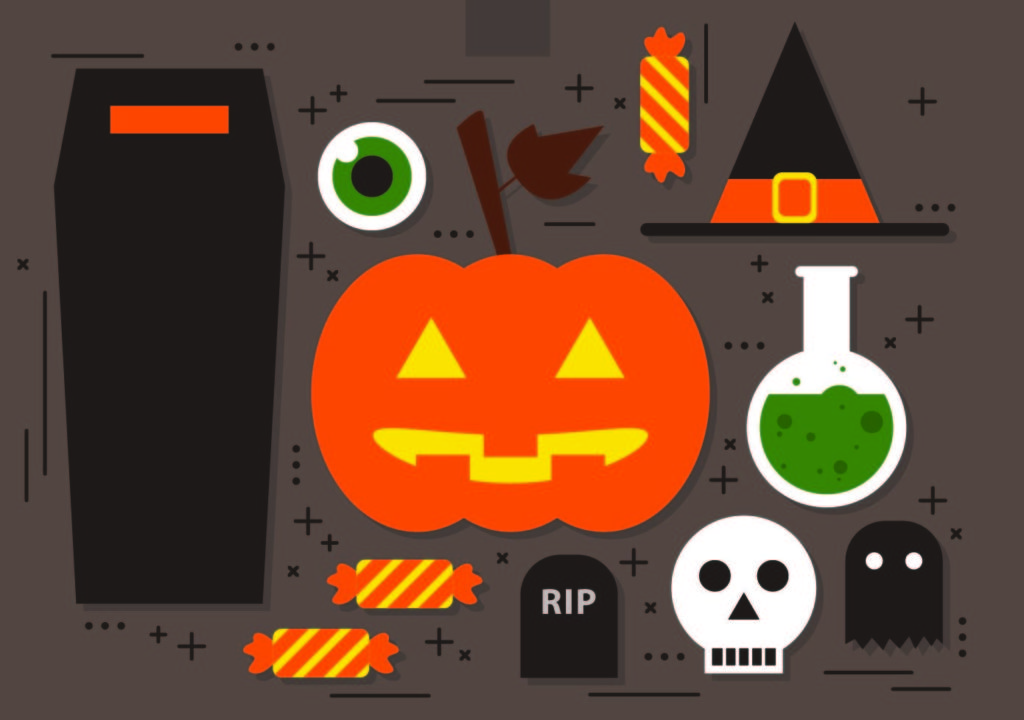 Halloween items like coffin, pumpkin, poison, skull etc