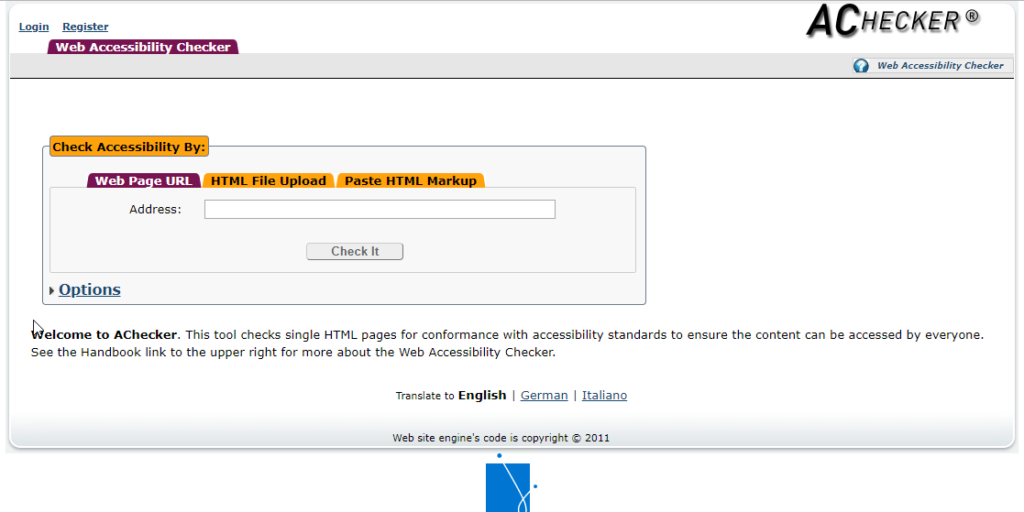A screenshot of the AChecker website, showing where you put in the page to be checked for accessibility. 