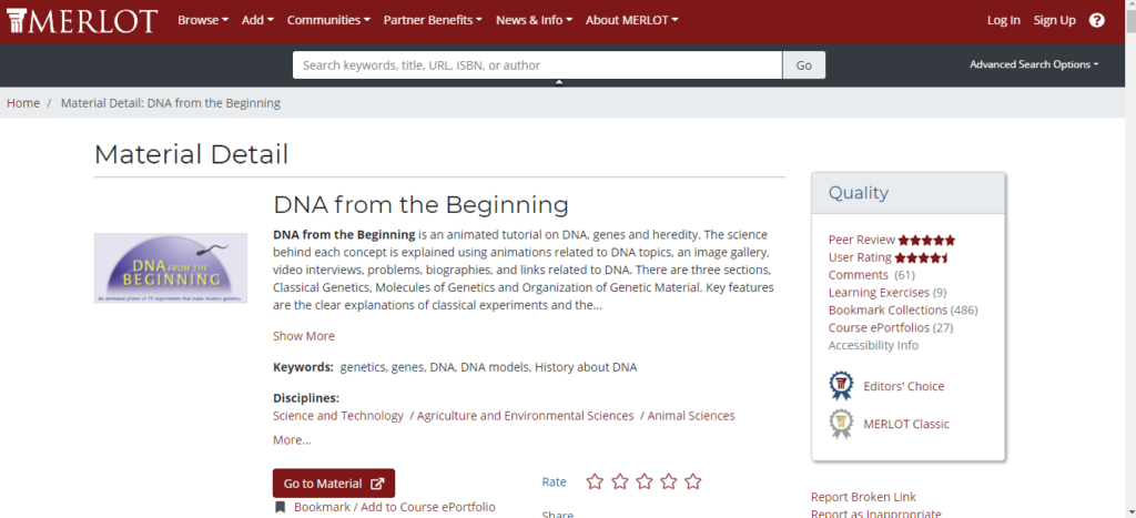 image of the MERLOT site with resource entitled "DNA from the Beginning" 